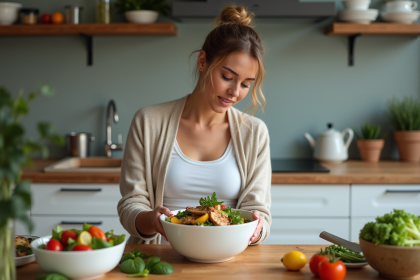 Femme préparant une salade colorée dans la cuisine