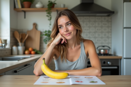 Jeune femme examine une banane dans une cuisine moderne
