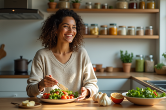 Femme souriante préparant une salade colorée à la maison