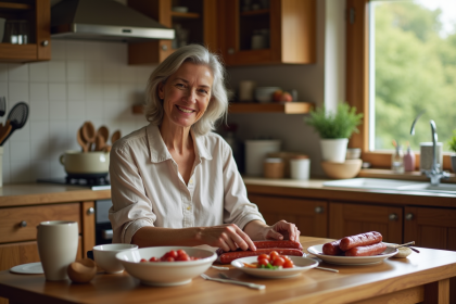 Femme allemande souriante préparant des saucisses dans la cuisine chaleureuse