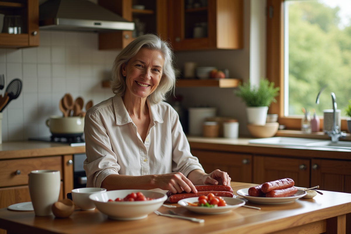 Femme allemande souriante préparant des saucisses dans la cuisine chaleureuse