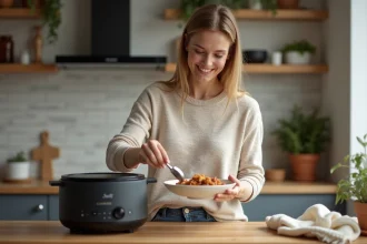 Femme souriante servant un boeuf carotte dans une cuisine chaleureuse