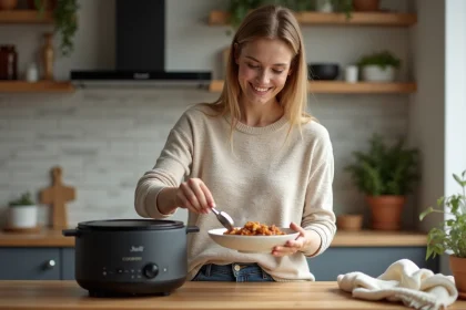 Femme souriante servant un boeuf carotte dans une cuisine chaleureuse
