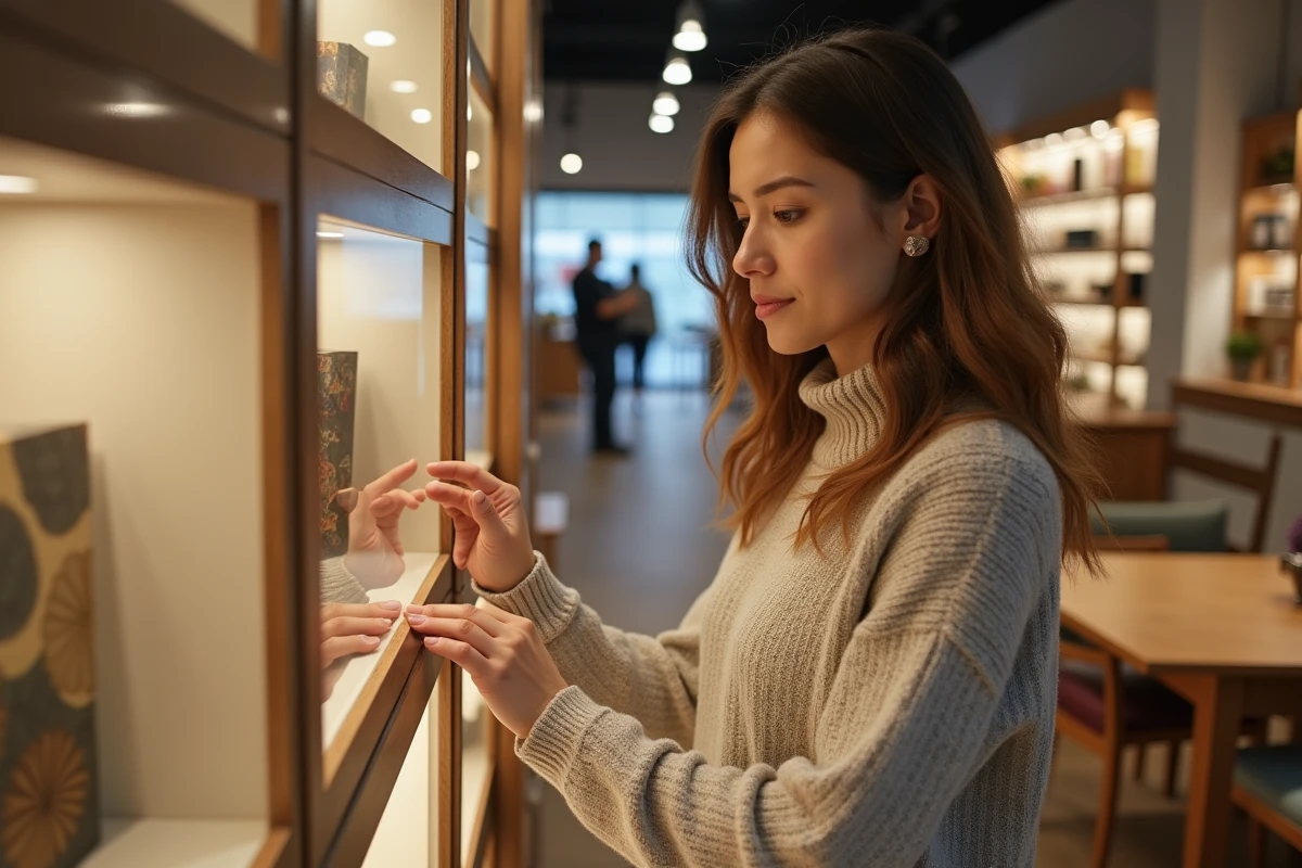 Femme examinant un meuble dans un magasin de décoration