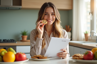 Jeune femme souriante avec fruits et cookies dans une cuisine moderne