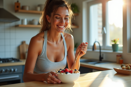 Femme sportive en tenue de sport préparant un bol de yogourt grec avec fruits
