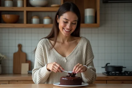 Femme souriante tranche un gâteau chocolat fondant dans une cuisine chaleureuse