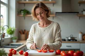 Femme d'âge moyen tranche des tomates mûres dans une cuisine moderne