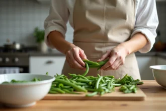 Femme en cuisine trimmant des haricots verts frais