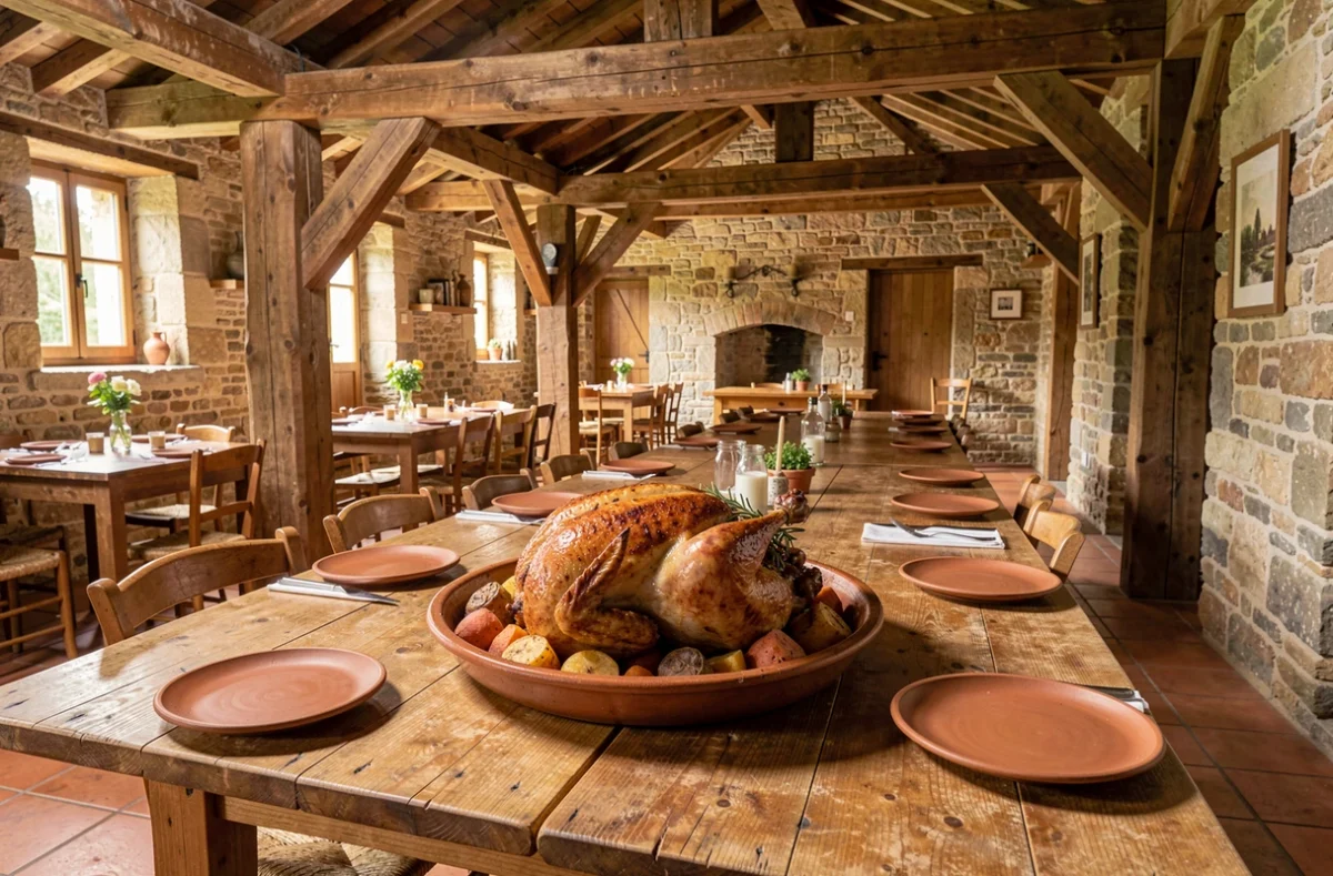 Table d'hôte rustique à La Ferme de la Ruchotte à Bligny-sur-Ouche avec poulet rôti fermier servi en plat central