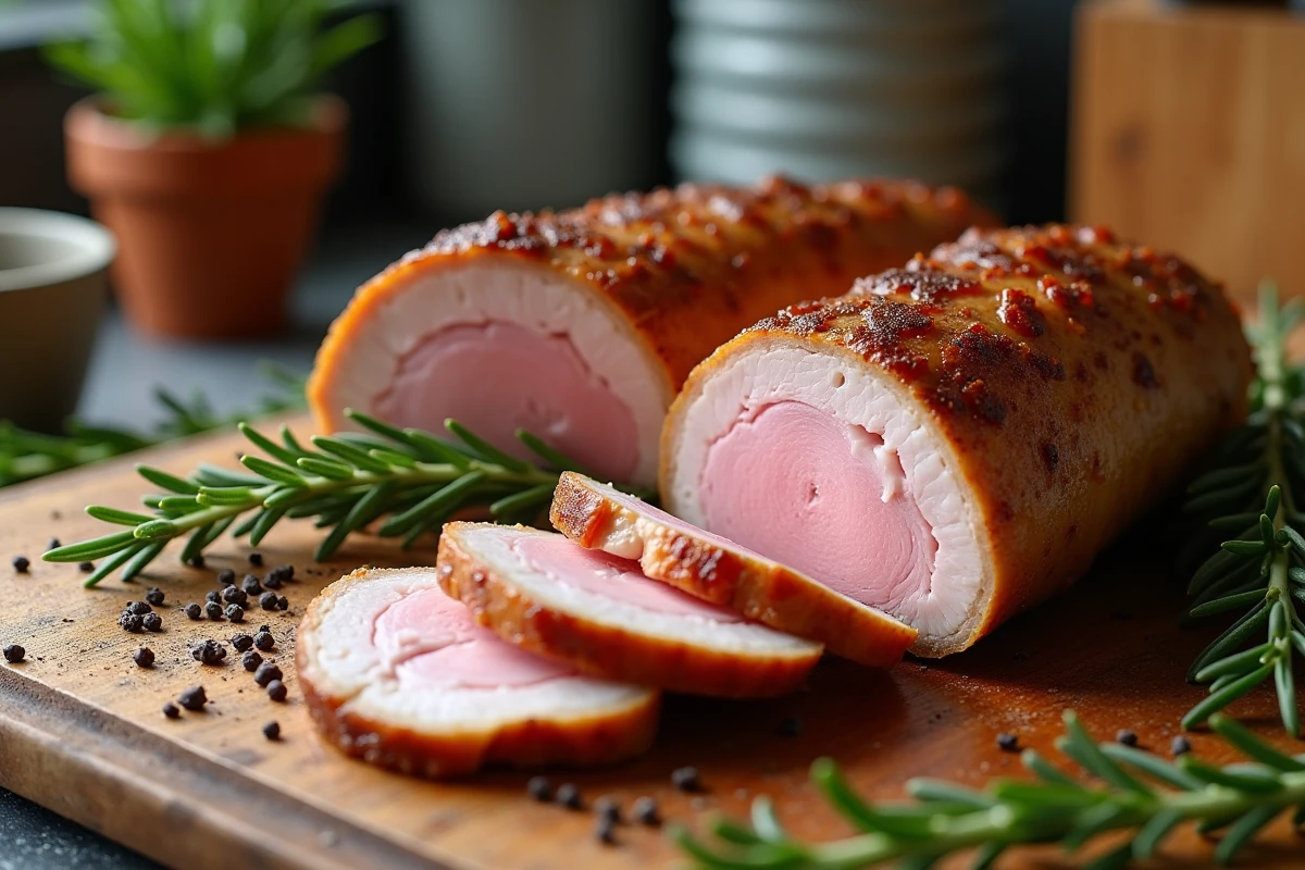 Filet mignon de porc tranché sur planche en bois avec thermomètre à viande et herbes fraîches