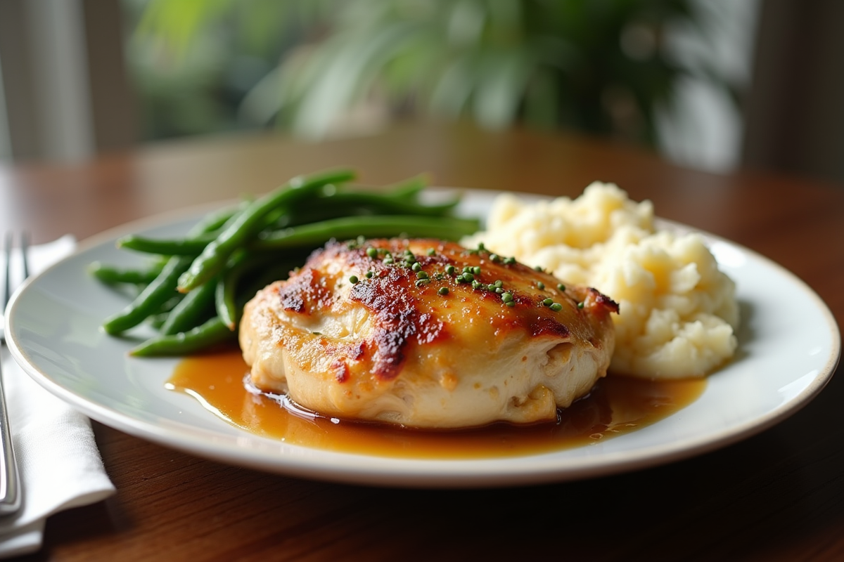 Filet de poulet avec purée et haricots verts en gros plan