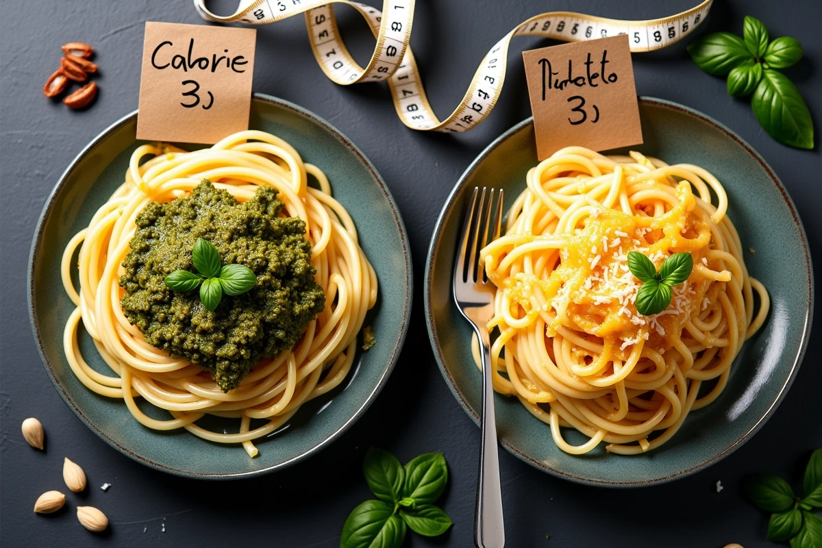 Vue de dessus comparant des spaghettis au pesto et des spaghettis à la béchamel avec des étiquettes de calories sur ardoise