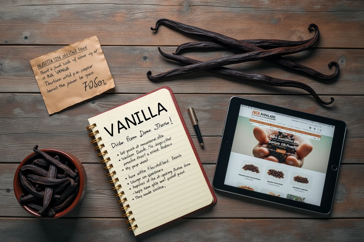 Flatlay de gousses de vanille avec notes de négociation et tablette affichant une boutique de vente en ligne au kilo