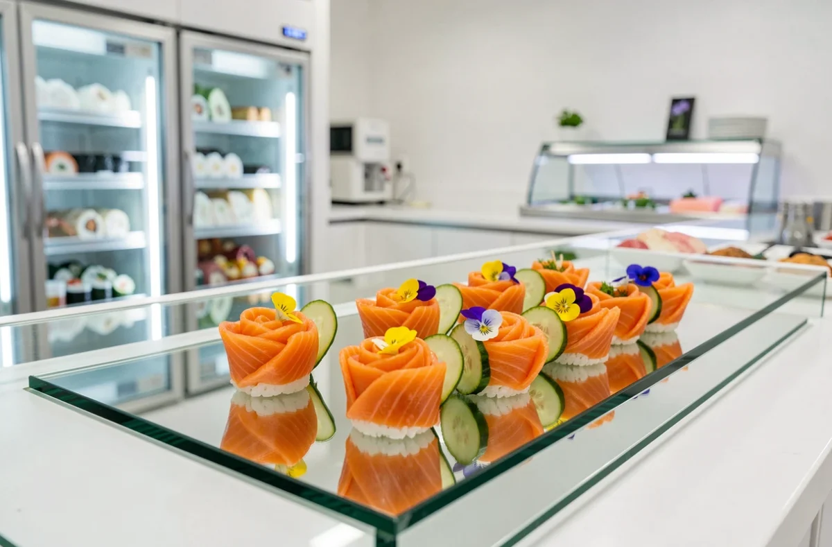 Sushis en forme de fleurs avec roses de saumon et fleurs comestibles chez Fleur de Sushi à Caen