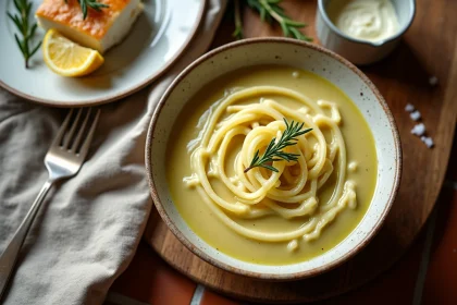 Bol de fondue de poireaux crémeuse accompagnée d'un filet de poisson blanc sur planche en bois rustique