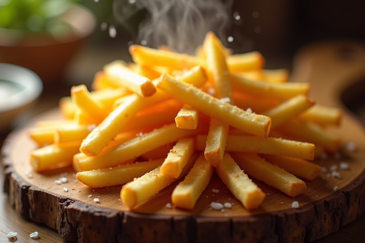 Frites maison dorées sortant de l'air fryer avec sel marin