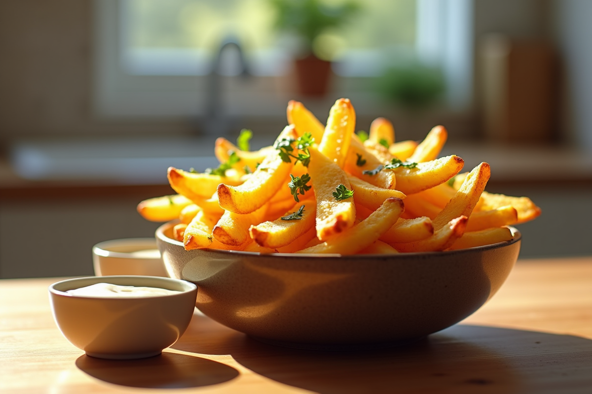 Plat de frites maison avec sauce et persil dans une cuisine chaleureuse