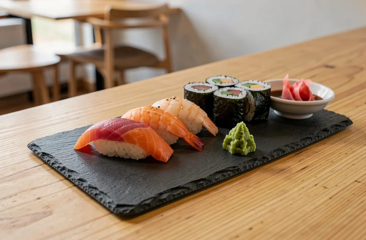 Plateau de sushis variés sur ardoise chez Fujiya Sushi à Rouen, avec nigiri et makis