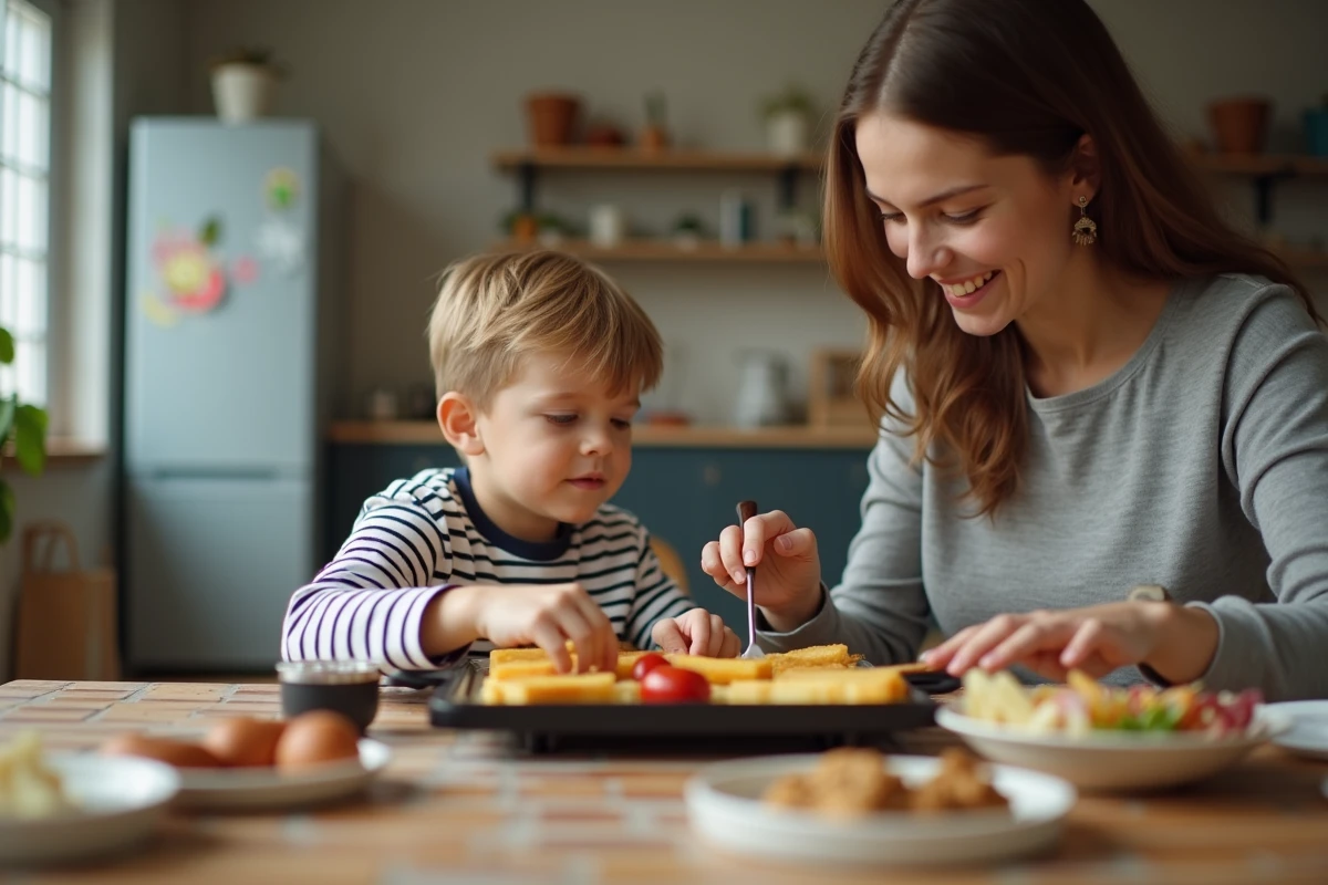 Jeune garçon et sa mère préparant une raclette avec des ingrédients colorés