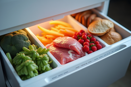 Congélateur ouvert avec aliments variés et étiquettes de température
