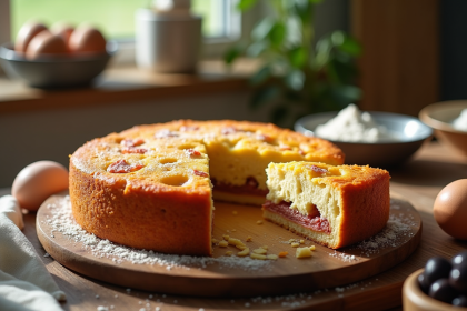 Gâteau de chorizo et chèvre tranché sur une table en bois