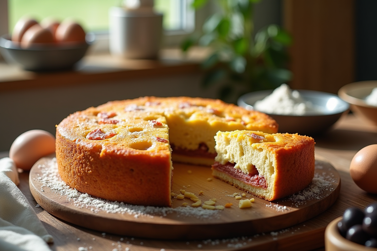 Gâteau de chorizo et chèvre tranché sur une table en bois