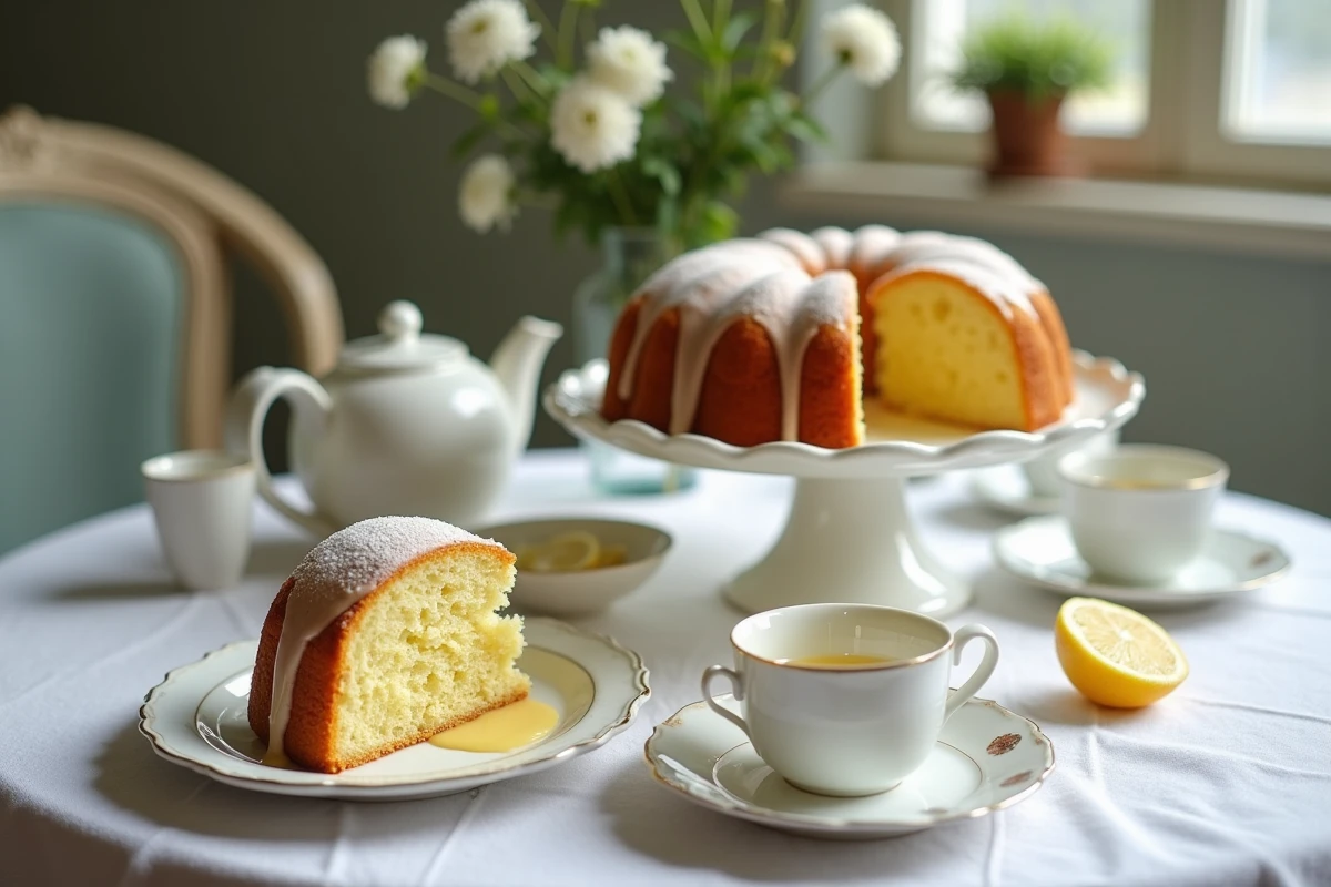 Gâteau au citron glacé sur présentoir dans un salon de thé avec service à thé vintage