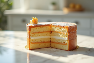 Gâteau opera tranché avec couches élégantes sur plan de travail lumineux