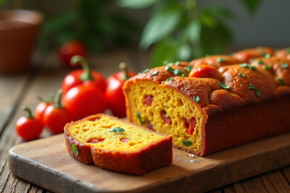 Gâteau salé au chorizo et poivron tranché sur table en bois