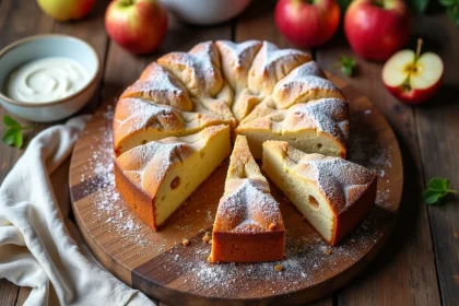 Gâteau au yaourt et aux pommes moelleux posé sur une planche en bois rustique, avec une tranche découpée révélant un cœur fondant et doré