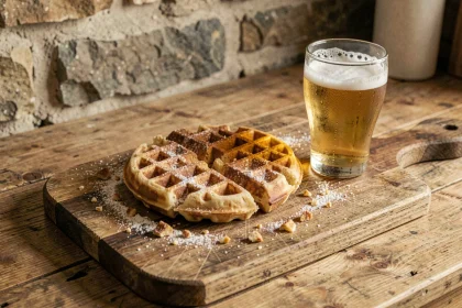 Gaufre croustillante à la bière blonde posée sur une planche en bois rustique avec un verre de bière blonde