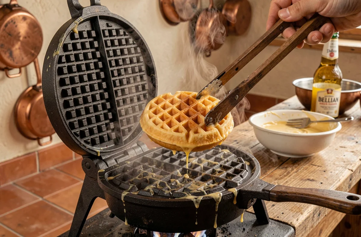 Gaufre croustillante extraite d'un fer à gaufre en fonte dans une cuisine rustique avec bière blonde
