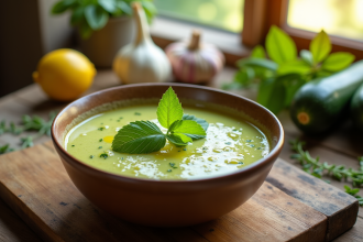 Bol de gazpacho de courgette frais et glacé avec herbes