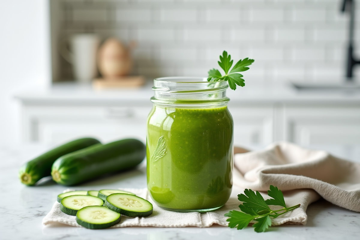 Verre de gazpacho de courgette vert vif sur comptoir blanc