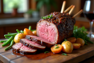 Gigot d'agneau tranché sur table en bois rustique