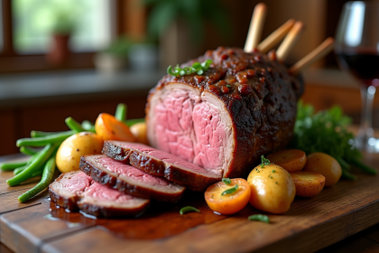 Gigot d'agneau tranché sur table en bois rustique