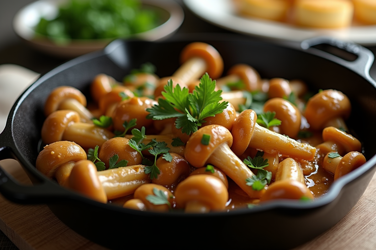 Girolles sautées avec persil et ail dans une cocotte en fonte