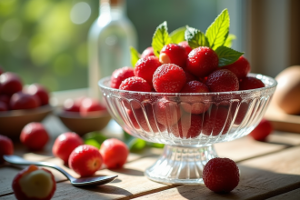 Bol en verre rempli de litchis pelés et menthe fraîche