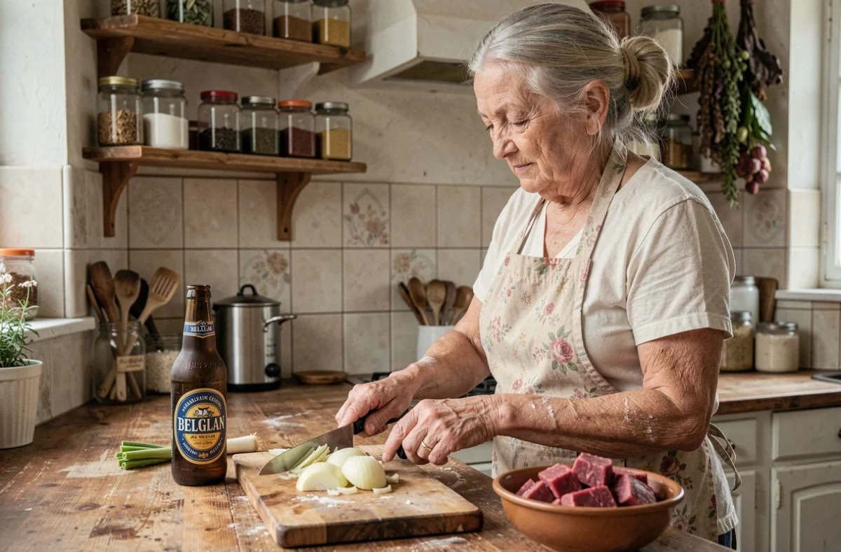 Grand-mère tranchant des oignons jaunes dans une cuisine modeste pour préparer une carbonade flamande économique, bouteille de bière brune belge et viande de bœuf à portée de main