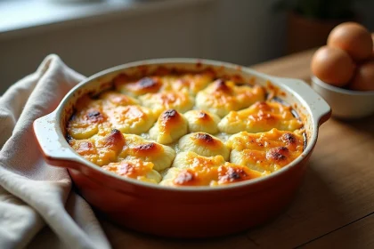 Gratin de chou-fleur et pommes de terre sans béchamel dans un plat en céramique rustique sur une table en bois