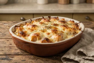 Gratin de surimi chaud dans un plat en céramique rustique avec fromage fondu doré et herbes