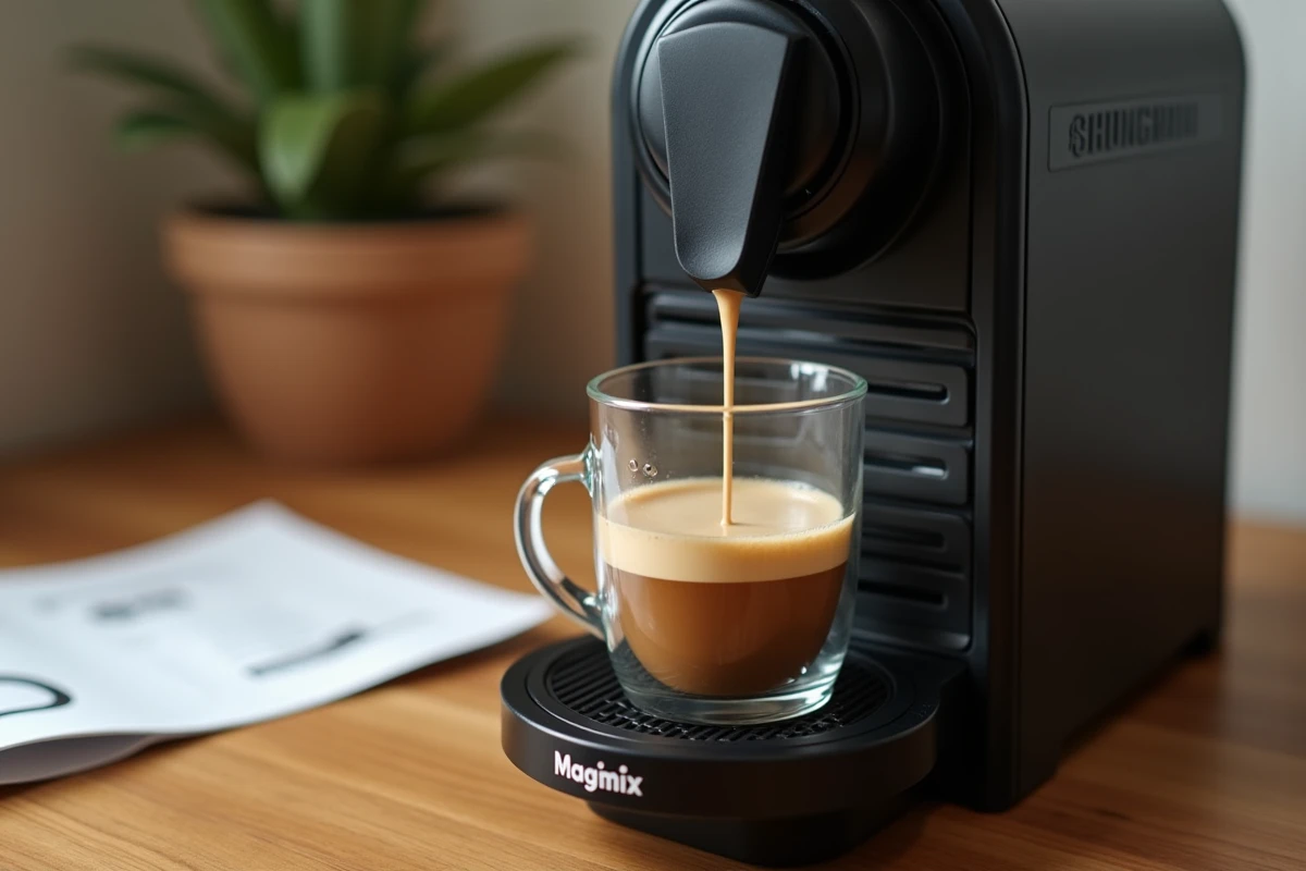 Gros plan sur le bec verseur d'une Nespresso Magimix pendant le cycle de détartrage avec un récipient en verre