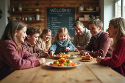 Groupe d'enfants et adultes autour d'une table &agrave; raclette en cuisine