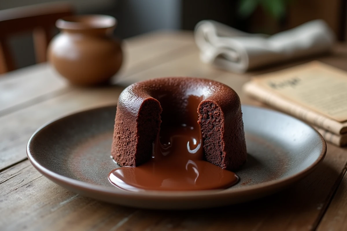 Gâteau chocolat chaud et fondant sur une assiette en céramique