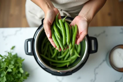 Haricots verts frais versés dans une cocotte-minute en inox sur un plan de travail en marbre blanc