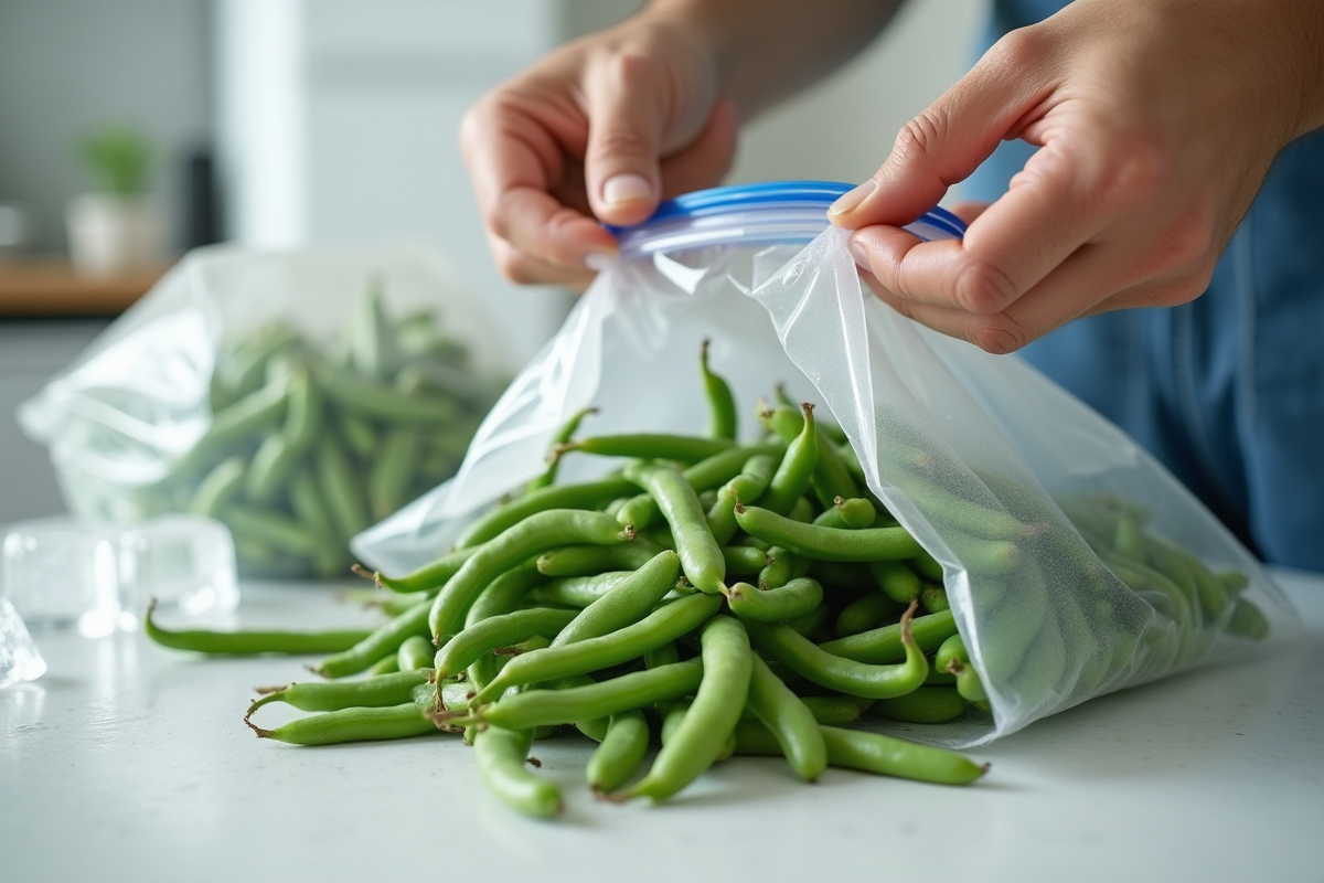 Haricots verts frais placés dans des sacs de congélation