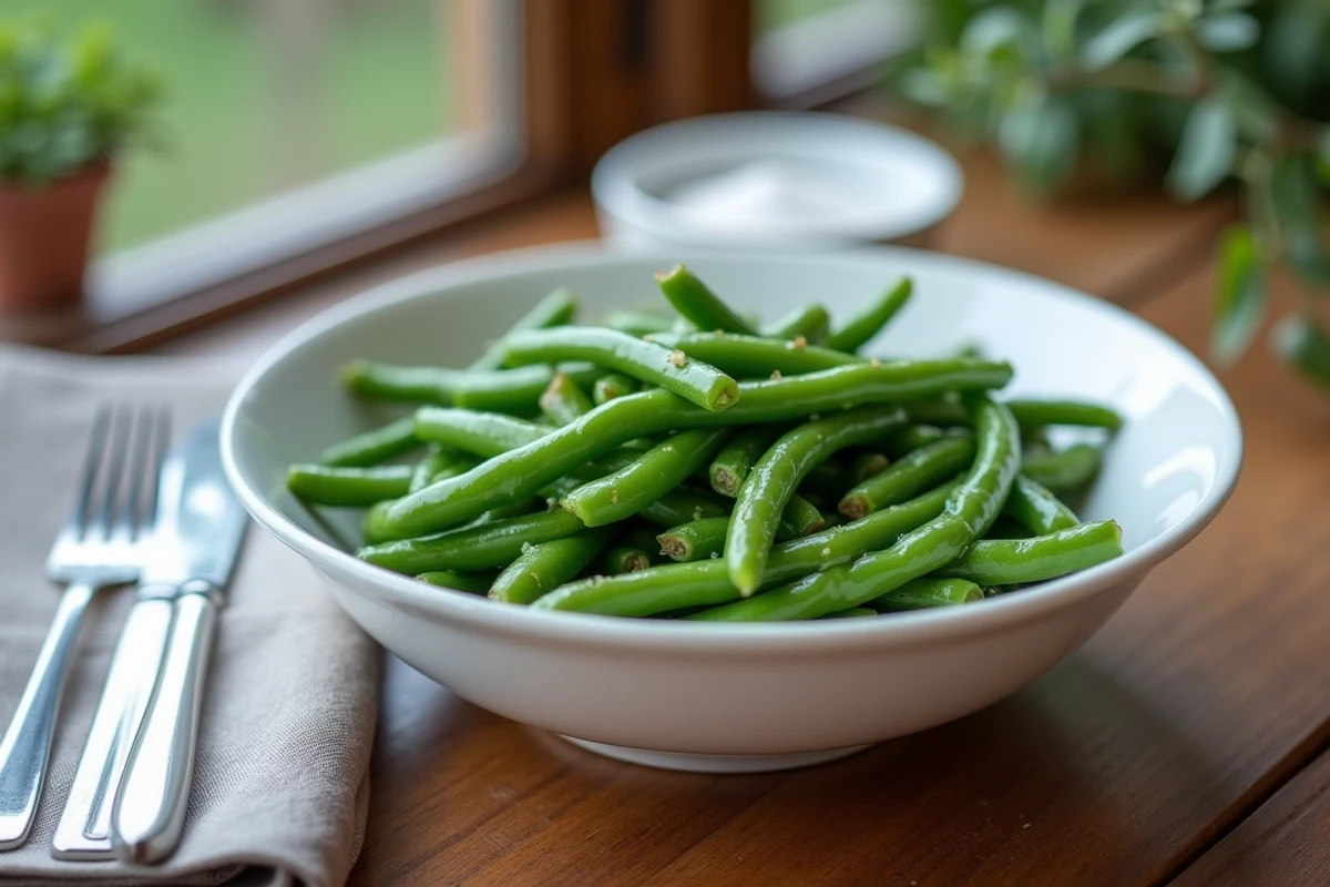 Bol de haricots verts cuits à la cocotte-minute, fermes et brillants, servis sur une table en bois rustique
