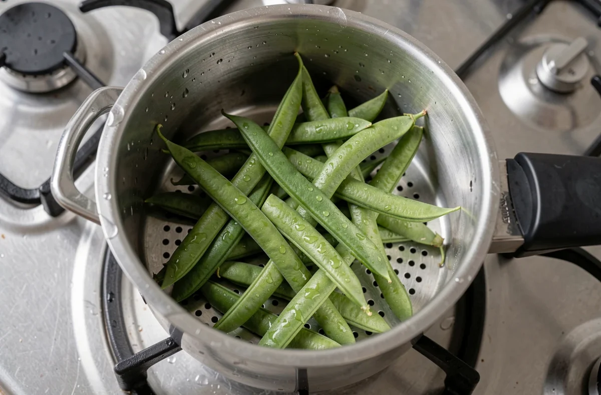 Gros plan sur des haricots verts croquants dans le panier vapeur d'une cocotte minute ouverte