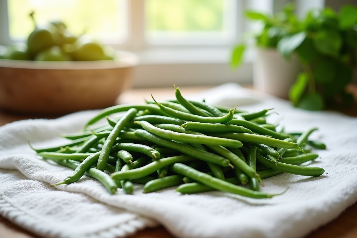 Haricots verts blanchis séchant au soleil dans la cuisine